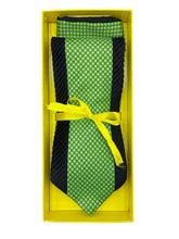 Load image into Gallery viewer, Emerald Green Dot Inset with Black Pleated Border Detail Necktie & Pocket Square Set