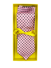 Load image into Gallery viewer, Light Pink with Black Polka Dot Necktie & Double Panel Pocket Square Set
