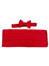 Load image into Gallery viewer, red silk bow tie &amp; cummerbund set made in usa