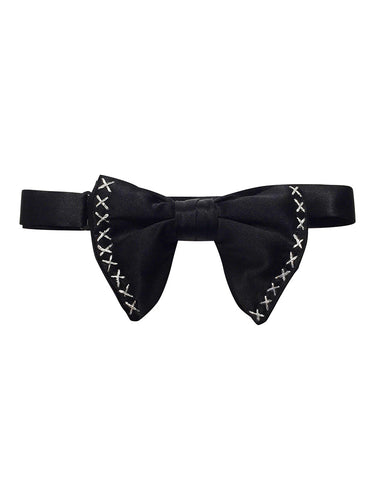 Black Silk Bow Tie with Silver X Stitching
