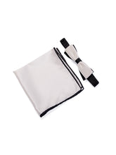 Load image into Gallery viewer, White &amp; Black Pleated Cigar Bow Tie &amp; Pocket Square Set