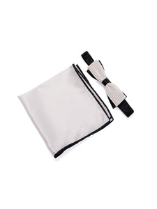 White & Black Pleated Cigar Bow Tie & Pocket Square Set