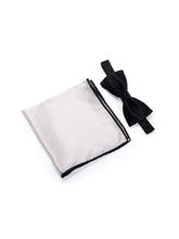 Load image into Gallery viewer, Black Vertical Pleated Silk Bow Tie &amp; Solid Pocket Square Set
