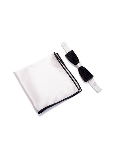 Black & White Pleated Cigar Bow Tie & Pocket Square Set